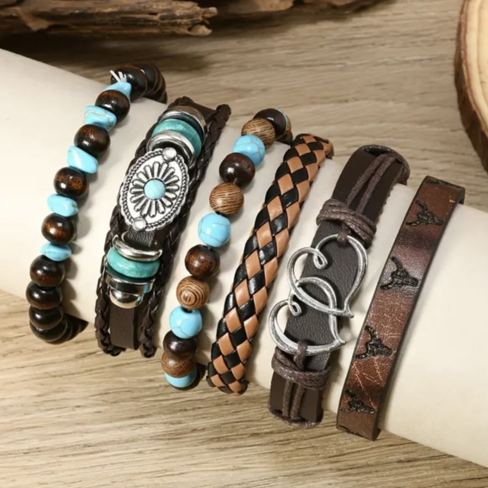 6 Pc Western Bracelet Boho Rodeo Turquoise Men Women Retro PU Leather Bracelets - Picture 3 of 13